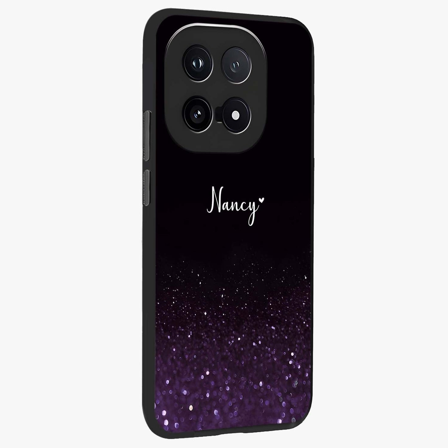 Glittery Purple Bokeh Custom Name Glass Case upright view showcasing vibrant purple sparkle artwork with personalized aesthetic style.