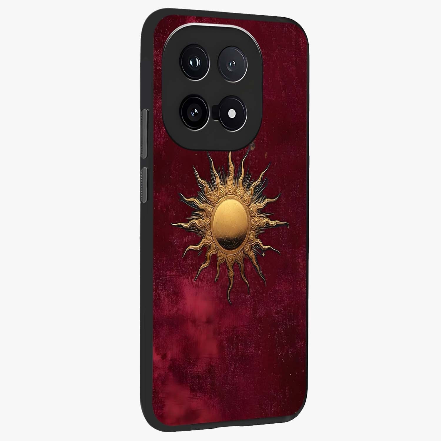 Golden Sun Minimalism Glass Case upright view showcasing simple golden sun artwork with elegant minimalist style.