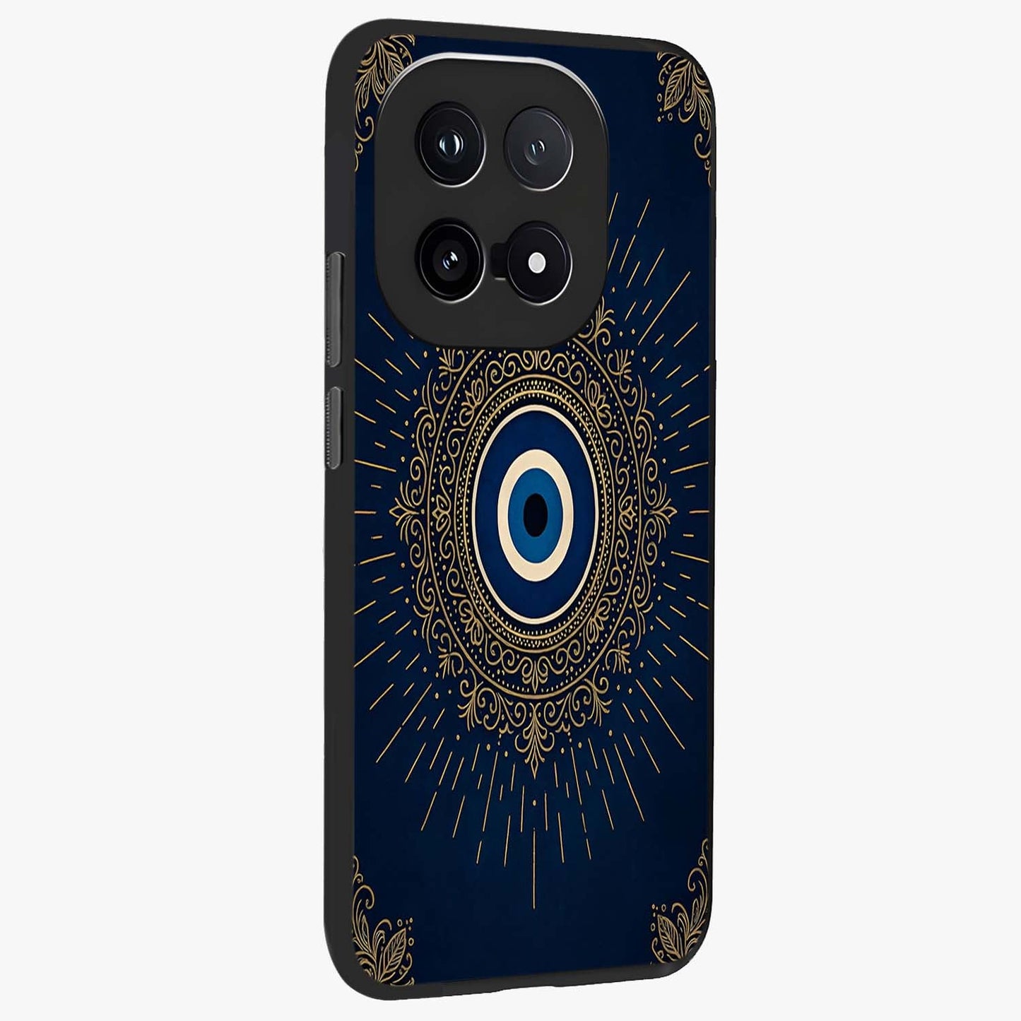 Golden Celestial Charm Glass Case upright view showcasing radiant celestial artwork with elegant golden theme.