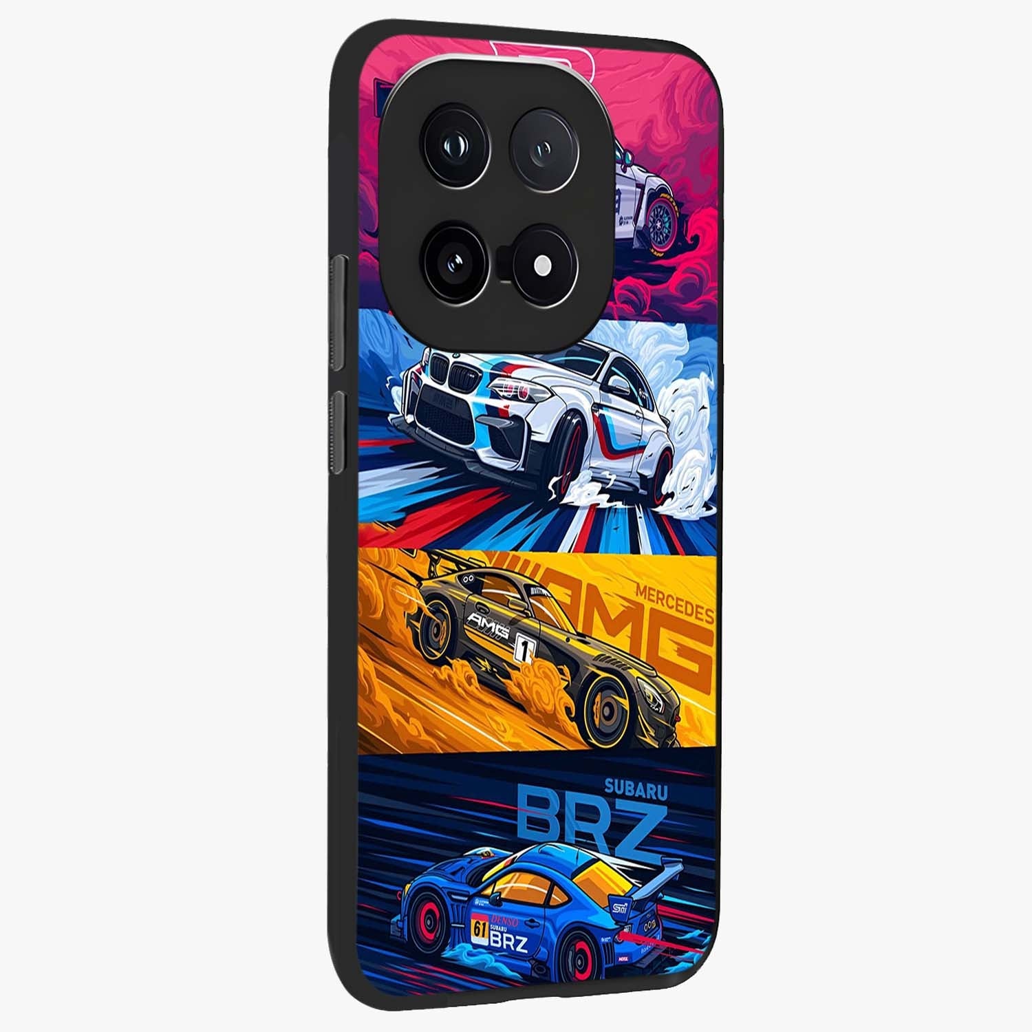 JDM Sports Car Glass Case upright view showcasing dynamic sports car artwork with bold racing theme.
