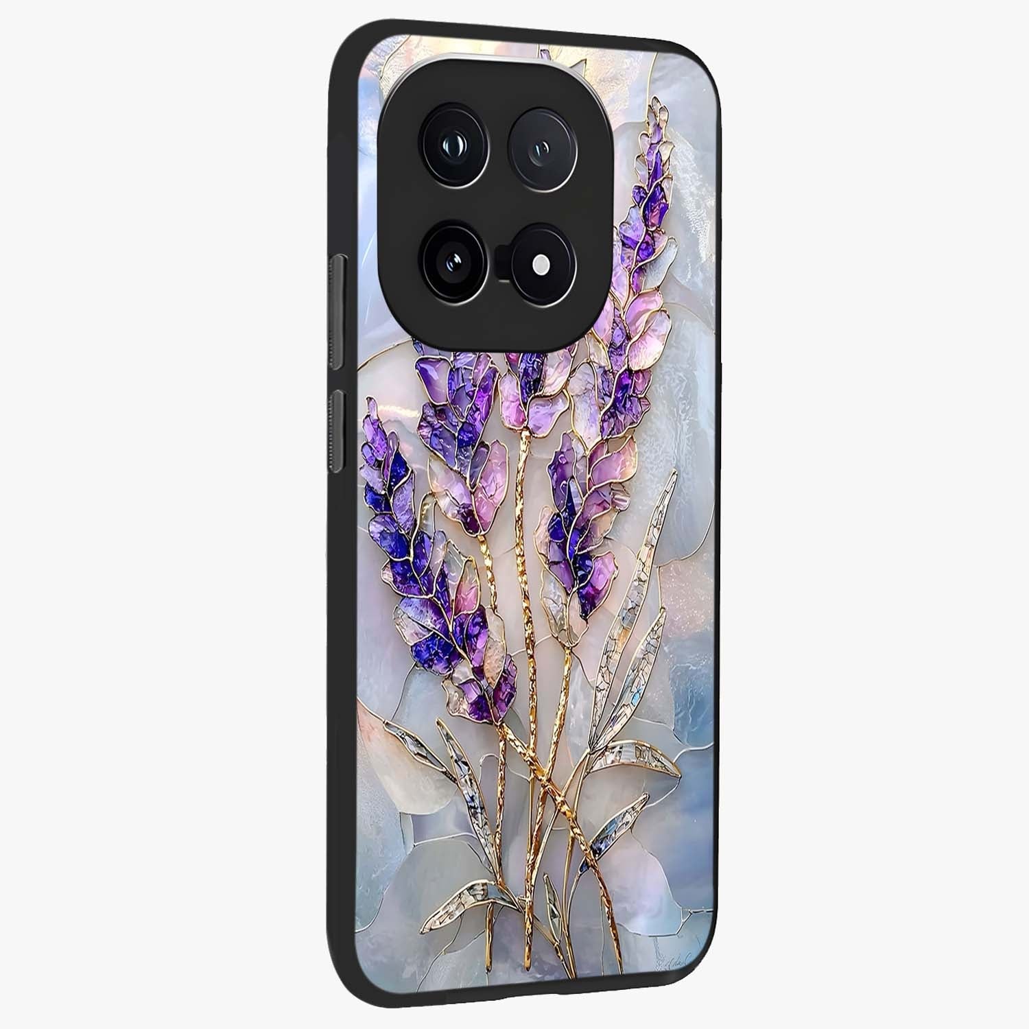 Lavender Dream Glow Glass Case upright view showcasing radiant lavender glow artwork with calming dreamy theme.