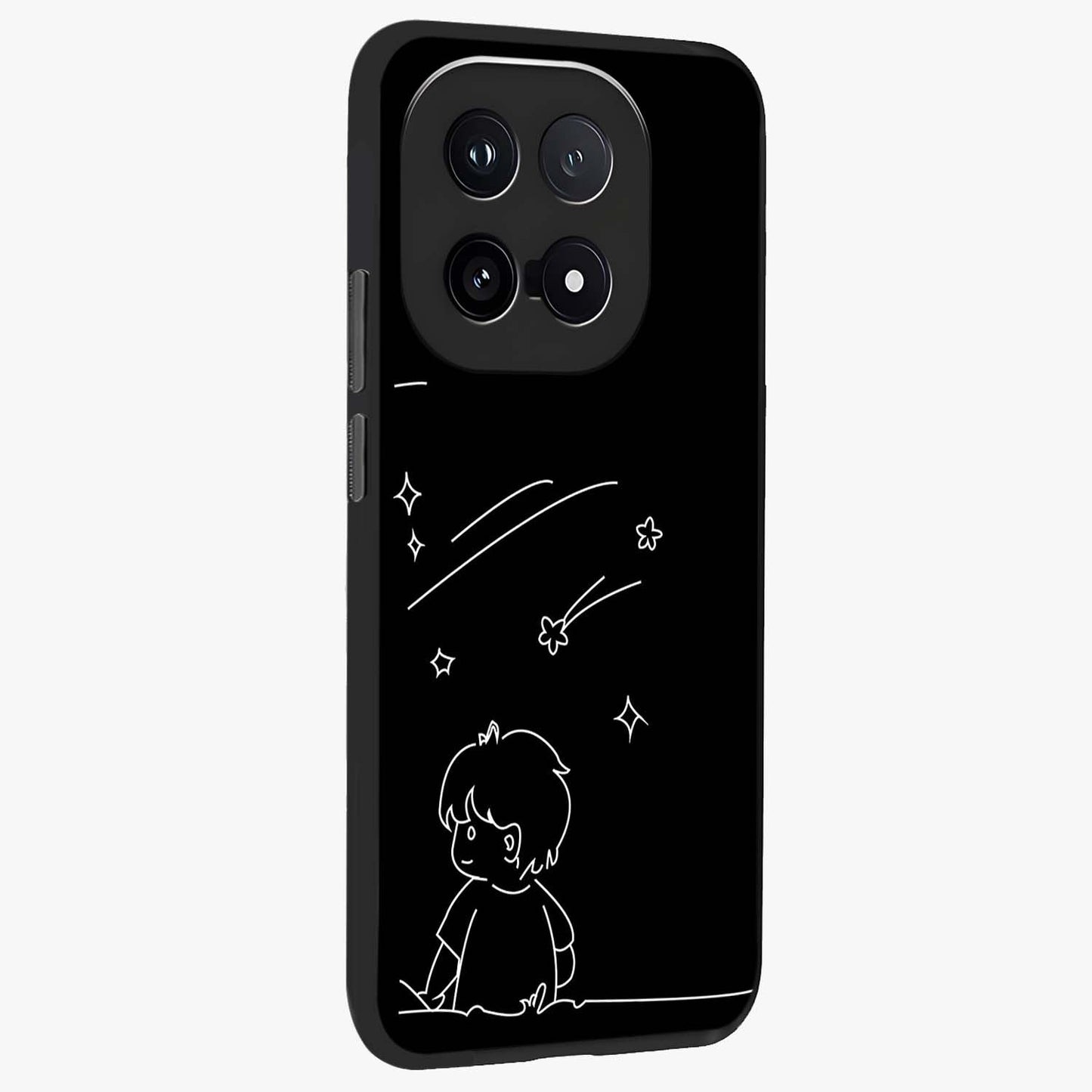 Line Art Boy With Shooting Stars Glass Case upright view showcasing artistic shooting star illustration with minimal style.
