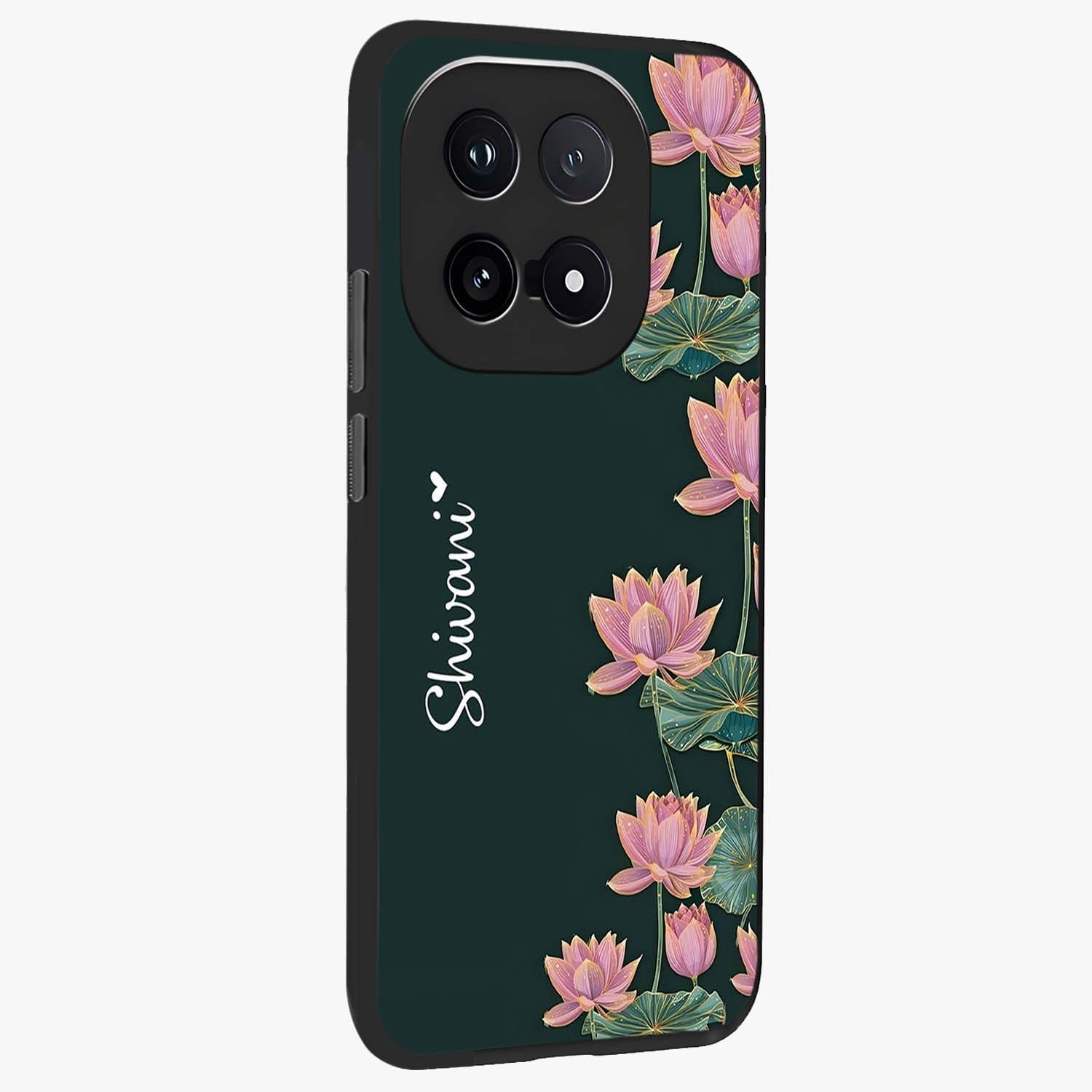 Lotus Bloom Serenity Custom Name Glass Case upright view showcasing serene lotus bloom artwork with personalized floral aesthetic.