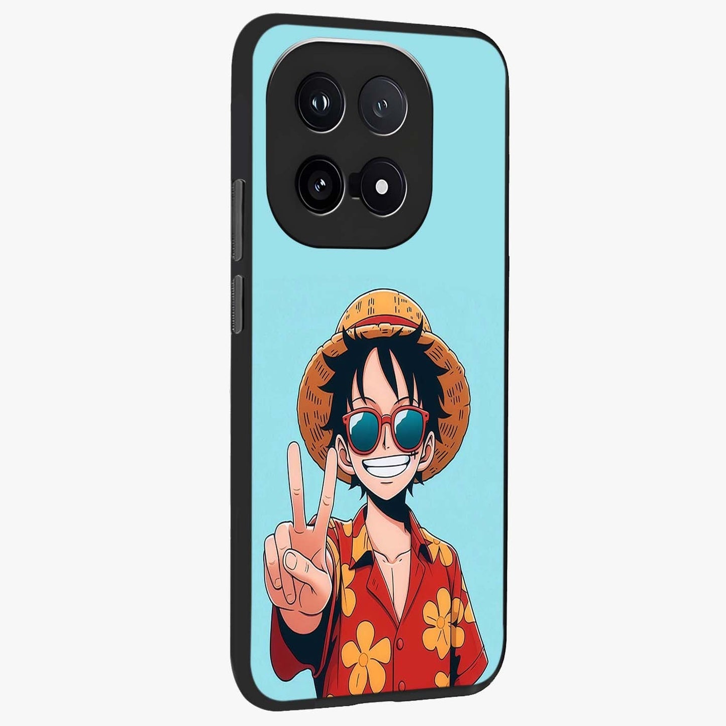 Luffy Summer Anime Vibe Glass Case upright view showcasing dynamic anime artwork with bright adventurous theme.