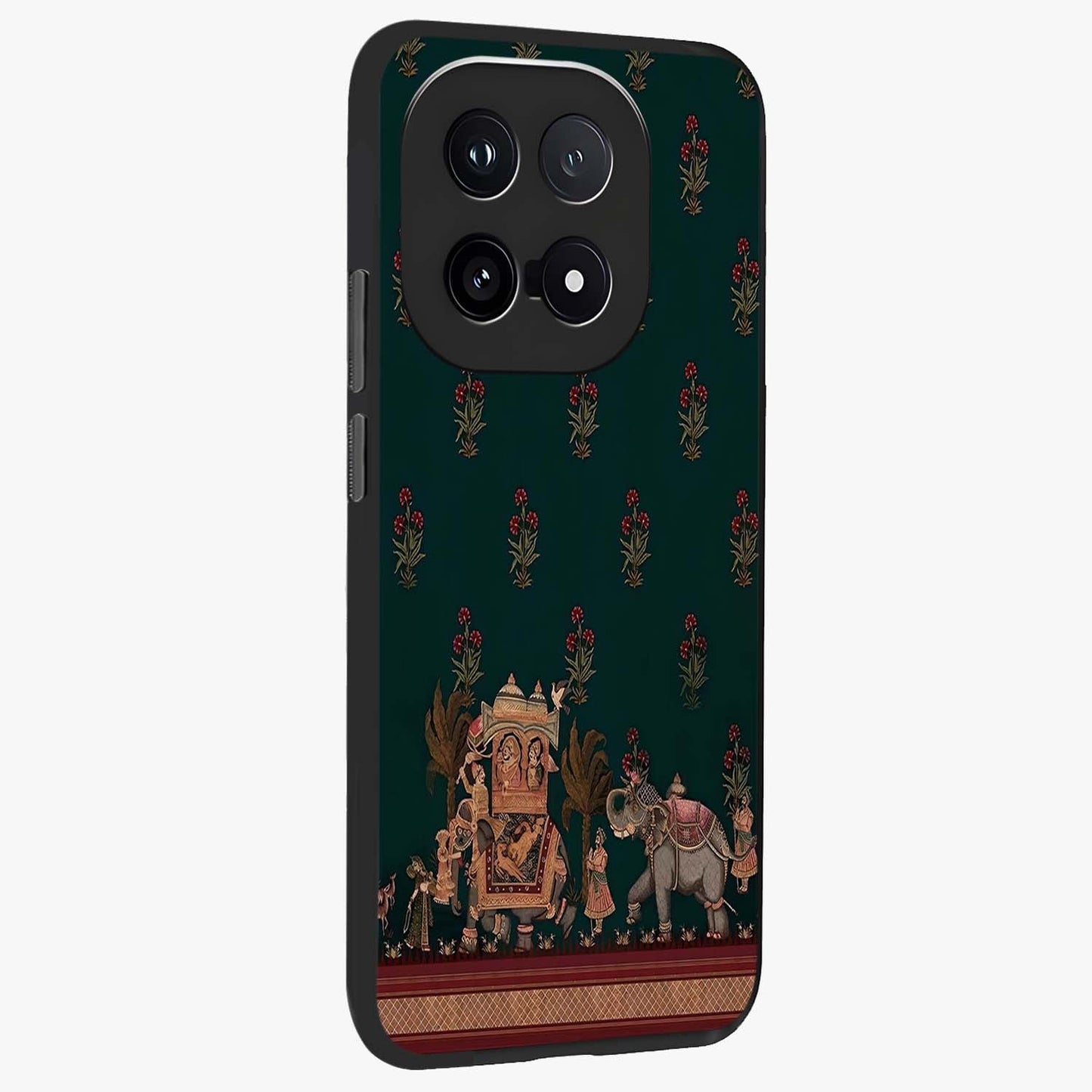 Macmerise Glass Case upright view showcasing bold artistic artwork with contemporary design theme.