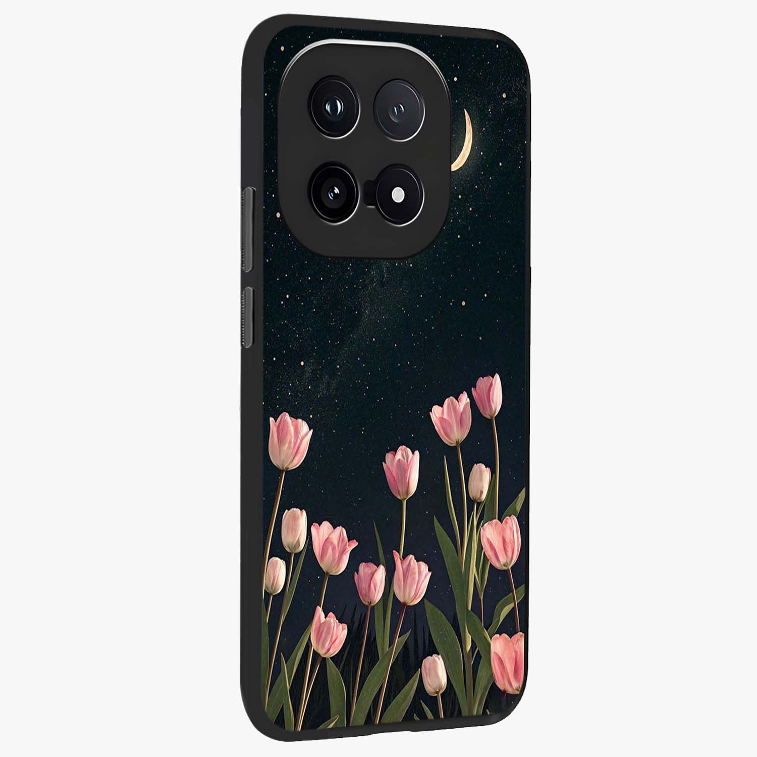 Midnight Tulip Whispers Vibe Glass Case upright view showcasing graceful tulip artwork with calm botanical theme.