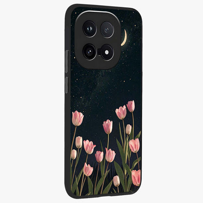 Midnight Tulip Whispers Vibe Glass Case upright view showcasing graceful tulip artwork with calm botanical theme.