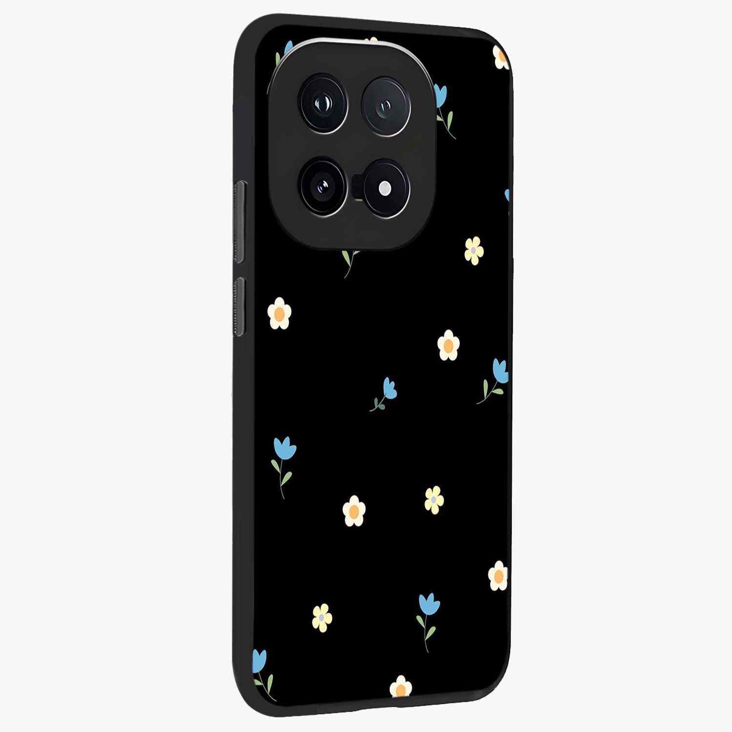 Minimal Petal Whispers Glass Case upright view showcasing elegant floral artwork with modern minimalist style.