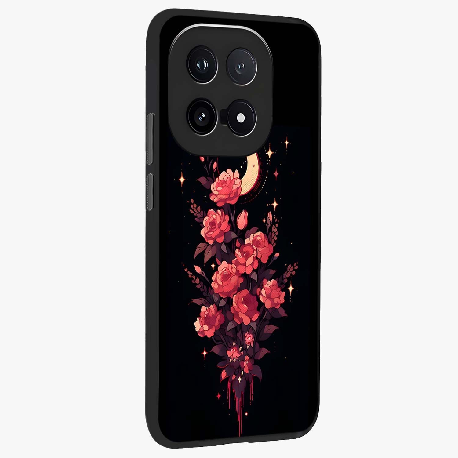 Moonlit Floral Elegance Glass Case upright view showcasing delicate floral artwork with refined night inspired theme.