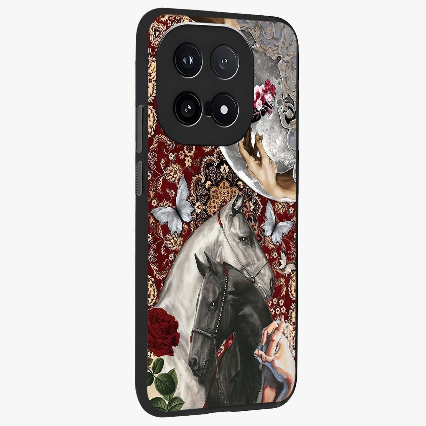 Moonlit Royal Stallion Glass Case upright view showcasing dramatic horse artwork with glowing moon themed design.