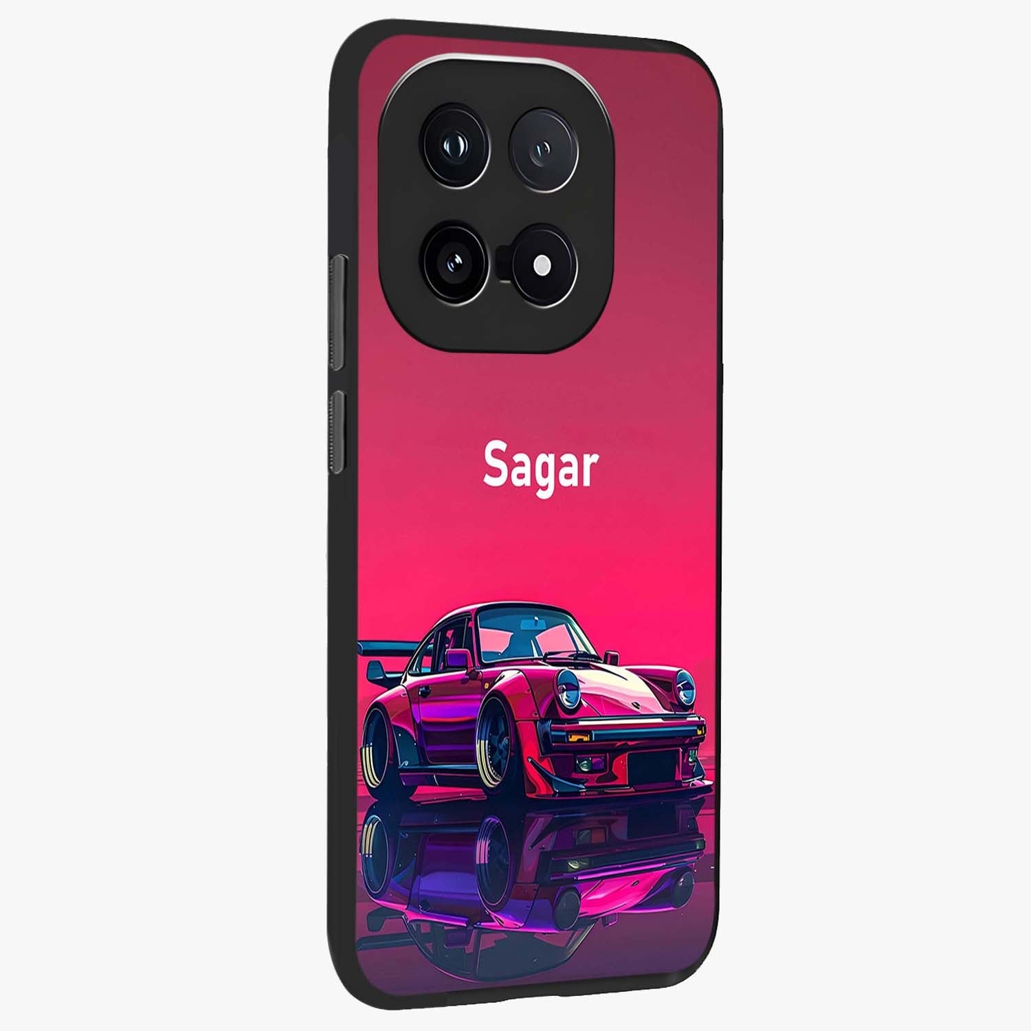 Neon Pink Porsche Glass Case upright view showcasing vibrant sports car artwork with bold automotive theme.