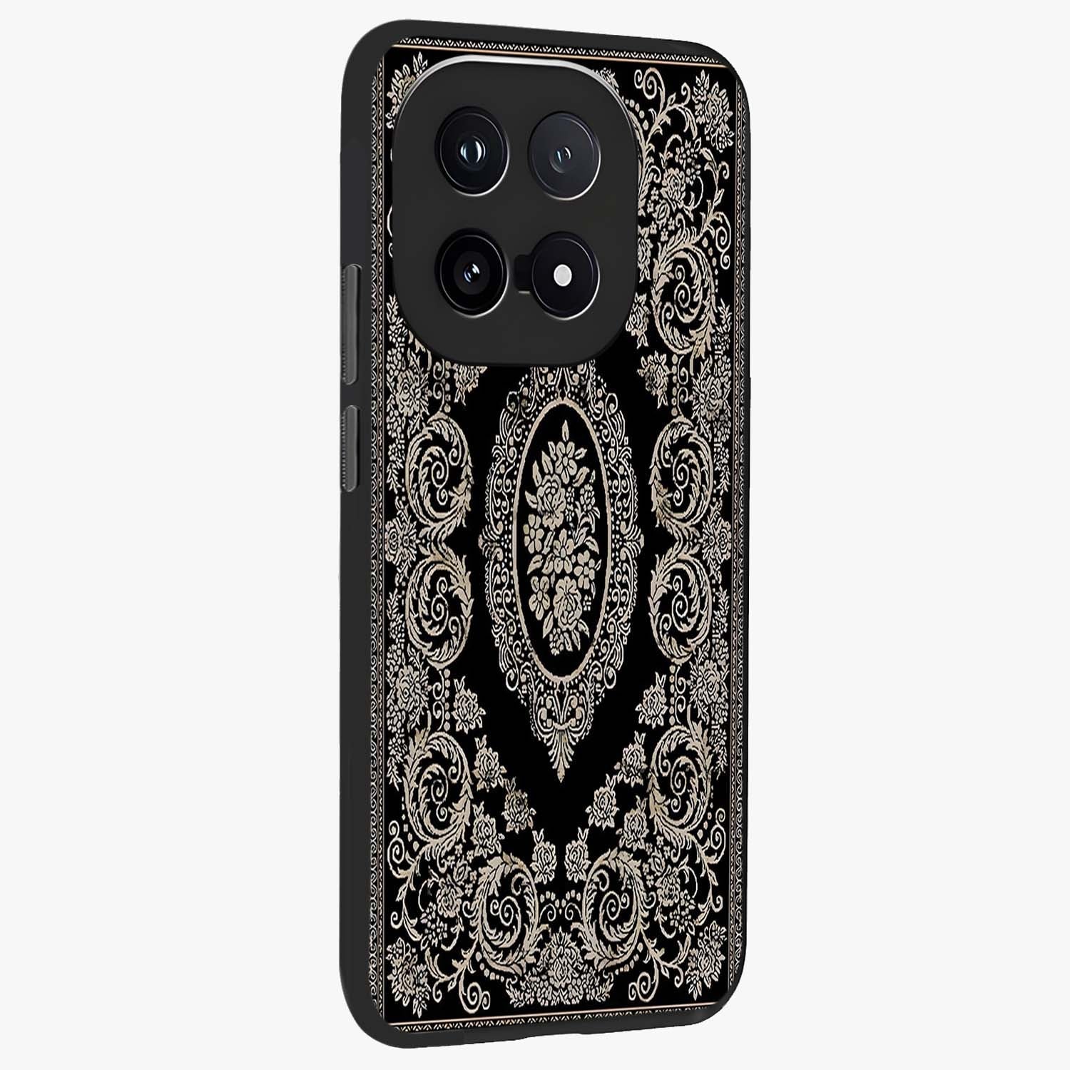 Noir Bloom Elegance Glass Case upright view showcasing graceful floral artwork with luxurious dark theme.