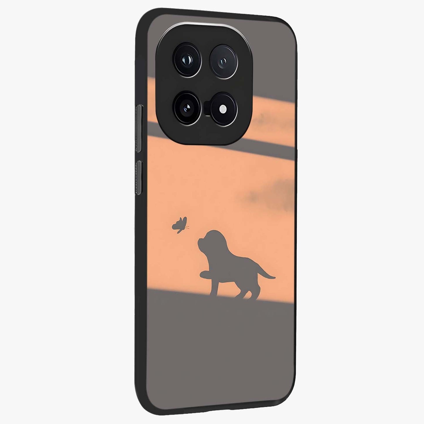 Puppy Shadow Art Glass Case upright view showcasing charming puppy artwork with creative silhouette theme.