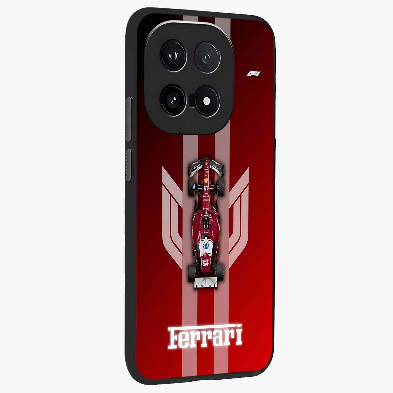 Red Ferrari F1 Vertical Glass Case upright view showcasing powerful Formula car artwork with dynamic motorsport theme.