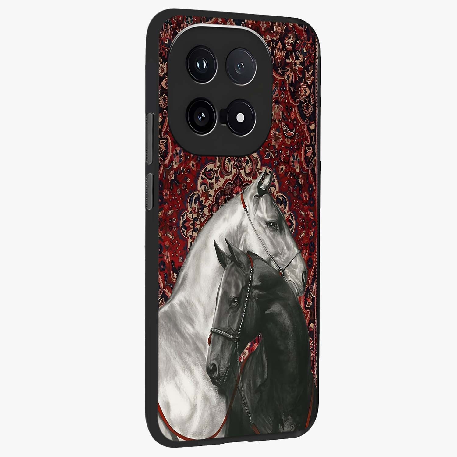 Regal Stallion Tapestry Glass Case upright view showcasing powerful horse artwork with elegant tapestry theme.