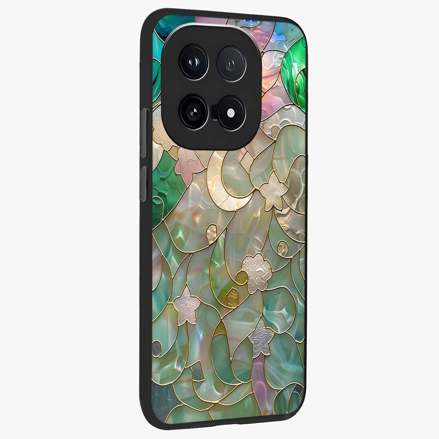 Stained Sunrise Glow Glass Case upright view showcasing colorful sunrise artwork with warm morning theme.
