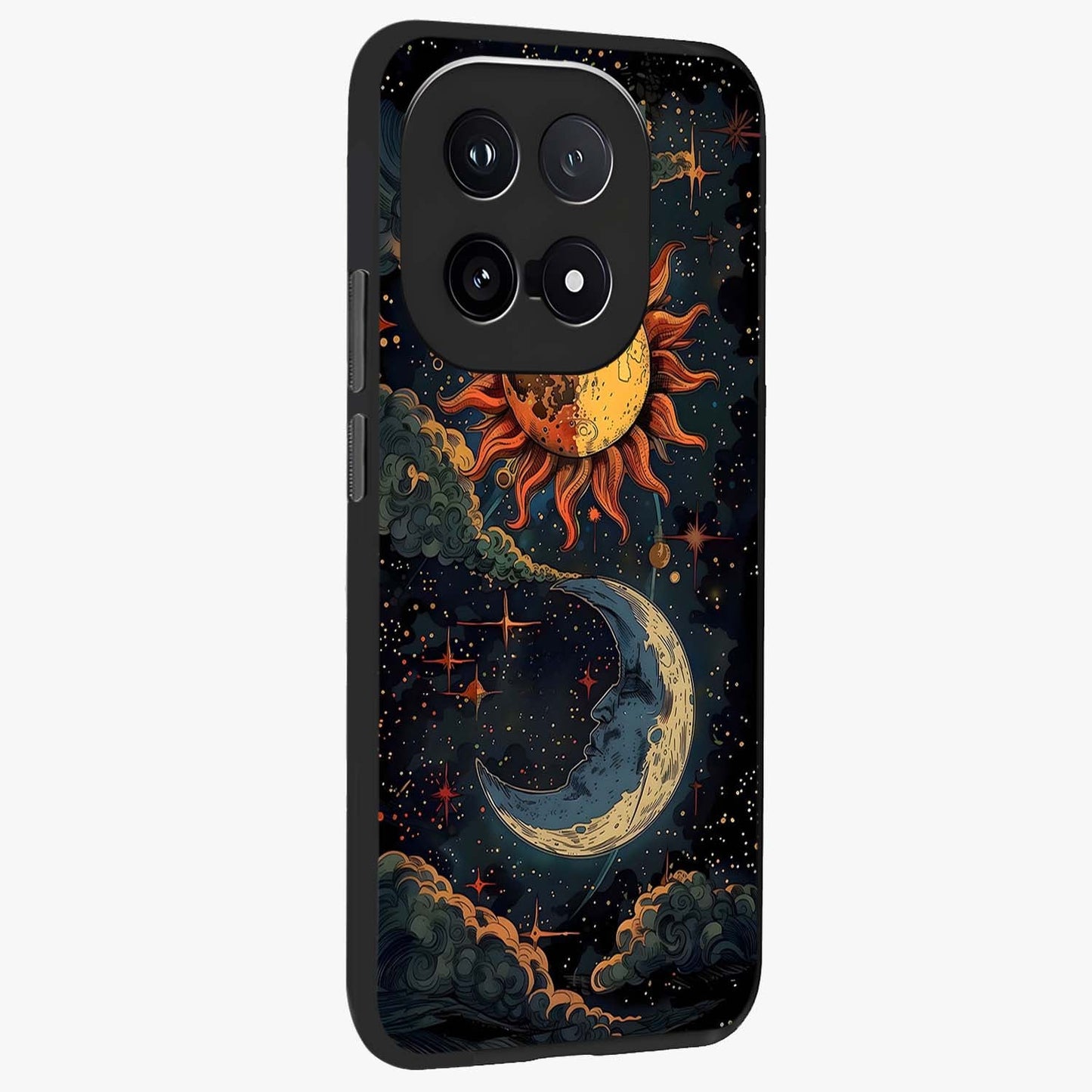 Sun And Moon Magic Design Glass Case upright view showcasing decorative sun and moon artwork with spiritual celestial theme.