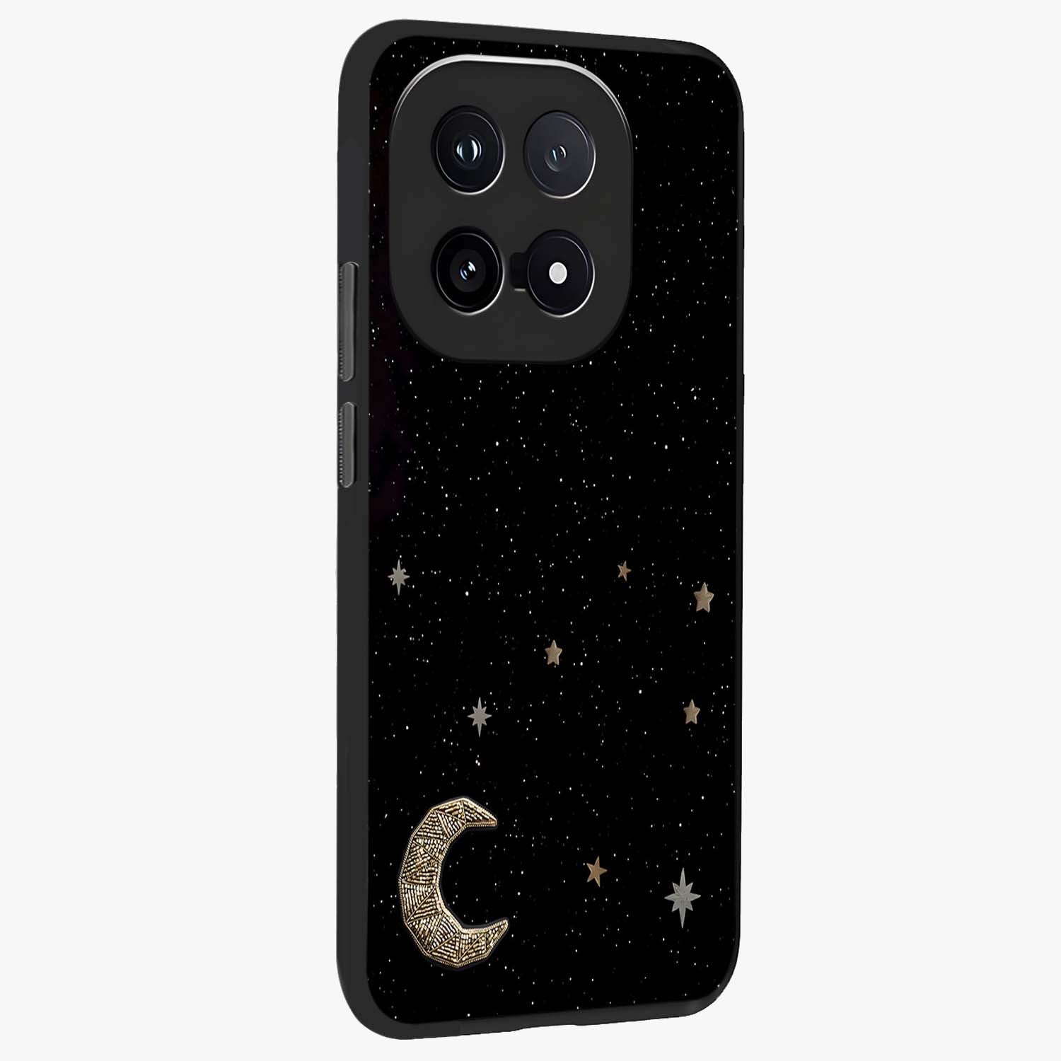 Twinkle Star With Half Moon Glass Case upright view showcasing glowing cosmic artwork with dreamy night theme.
