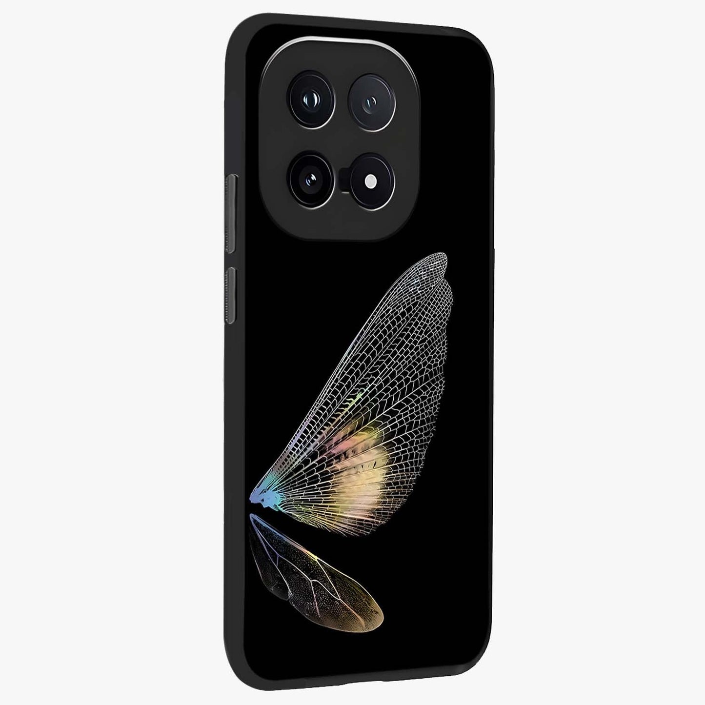Whispers Of Wings Glass Case upright view showcasing elegant wing artwork with light airy theme.