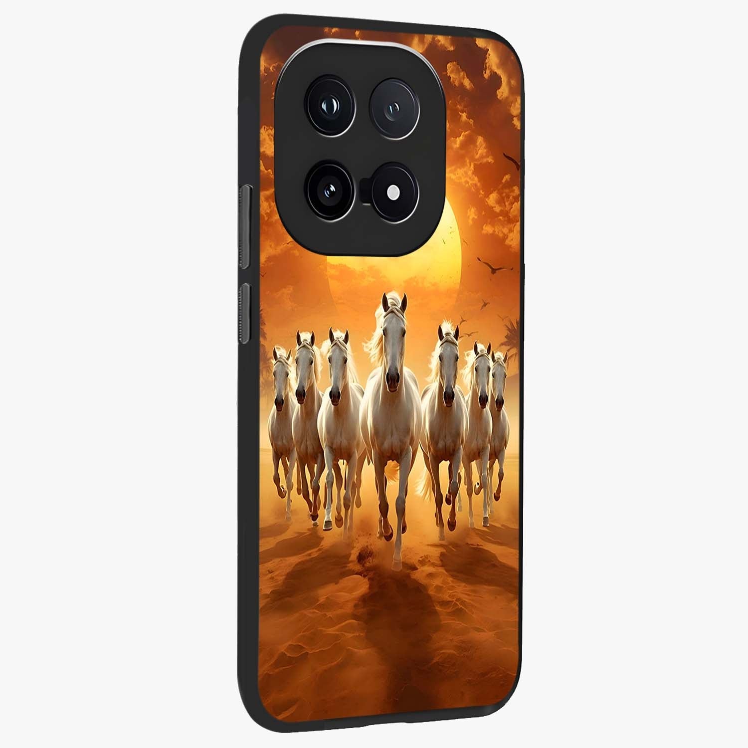 Wild Sunset Majesty Glass Case upright view showcasing dramatic sunset artwork with bold nature theme.