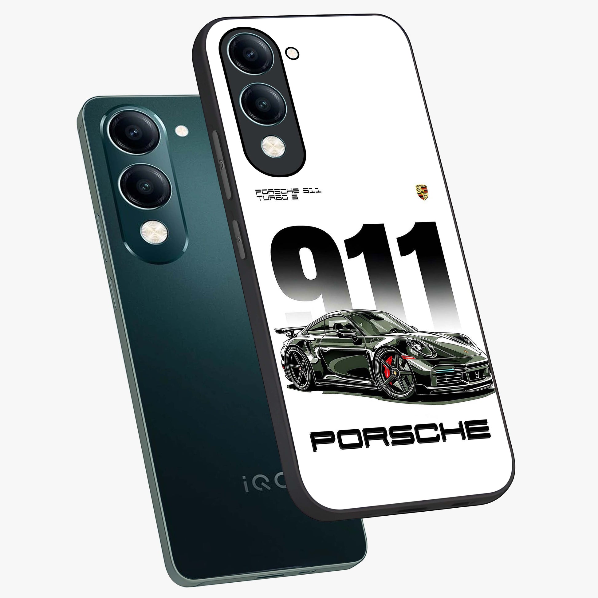 911 Turbo Dominance Glass Case displayed in premium angled mockup highlighting sporty car illustration and sleek glass surface.