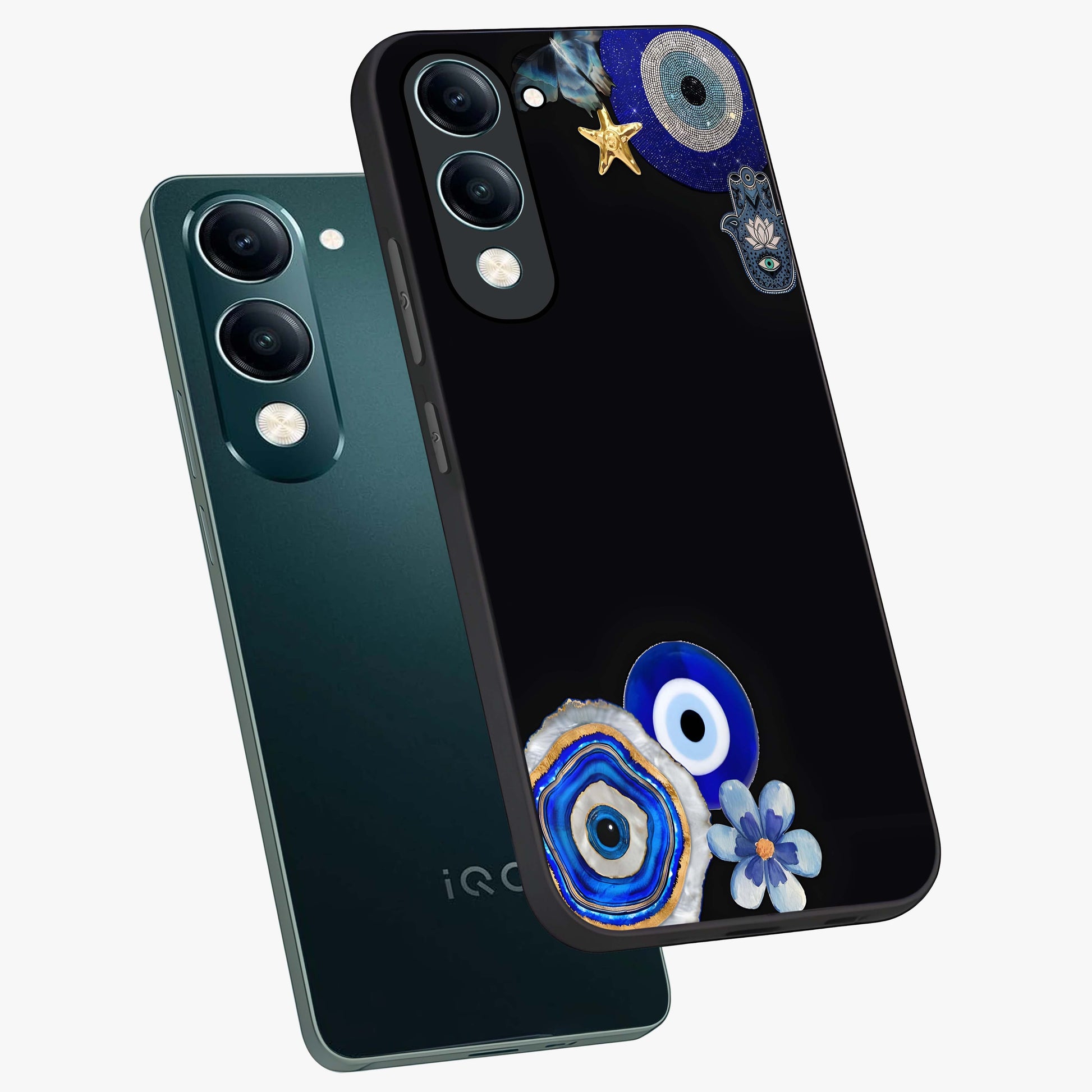 Aesthetic Blue Evil Eye Glass Case displayed in angled mockup highlighting blue evil eye symbol and spiritual aesthetic design.