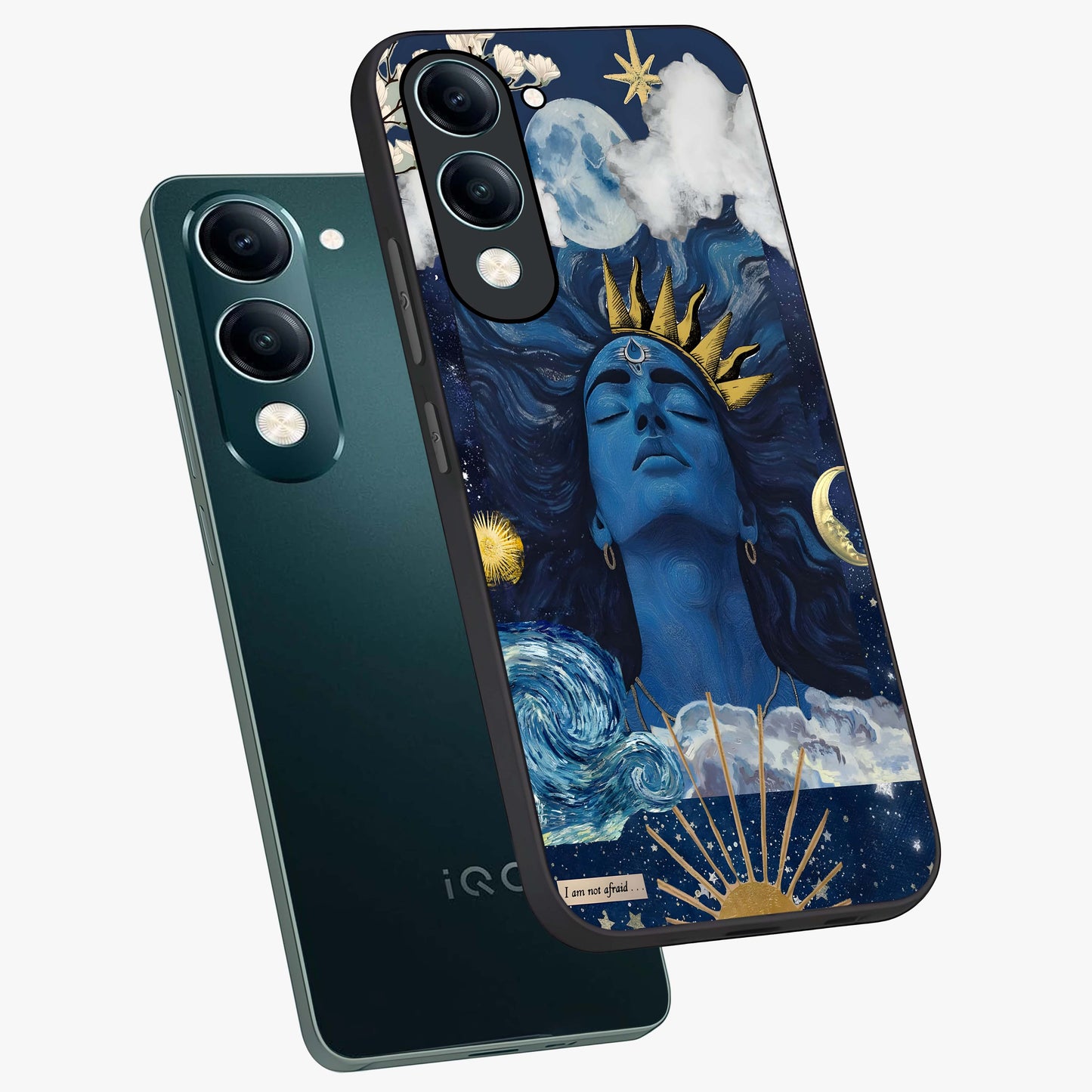 Aesthetic Lord Shiva Glass Case displayed in angled mockup highlighting spiritual Shiva illustration and sacred aesthetic design.