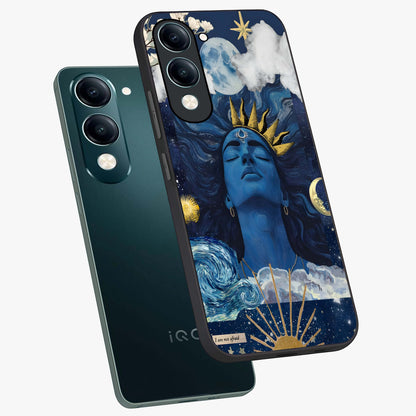 Aesthetic Lord Shiva Glass Case displayed in angled mockup highlighting spiritual Shiva illustration and sacred aesthetic design.