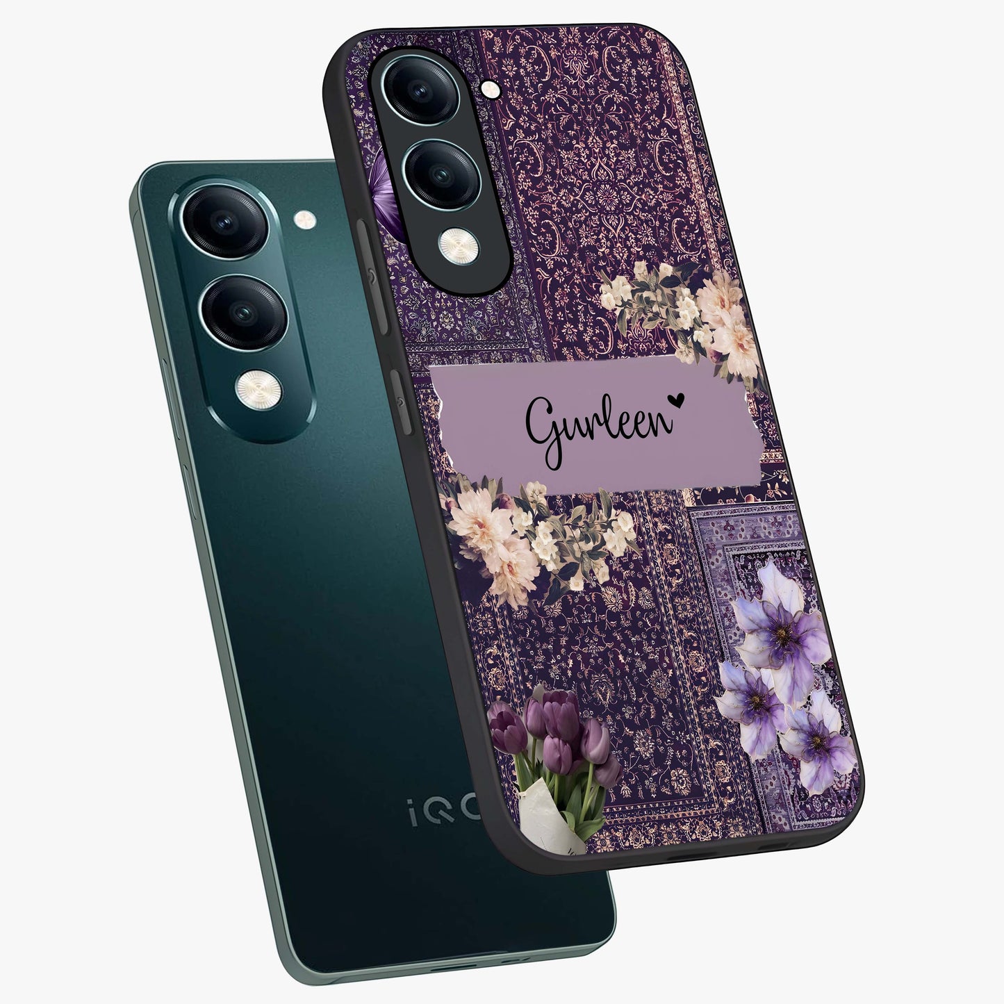 Antique Floral Whisper Custom Name Glass Case displayed in angled mockup highlighting elegant antique floral aesthetic.