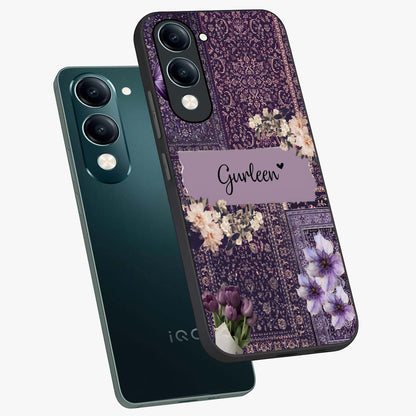 Antique Floral Whisper Custom Name Glass Case displayed in angled mockup highlighting elegant antique floral aesthetic.