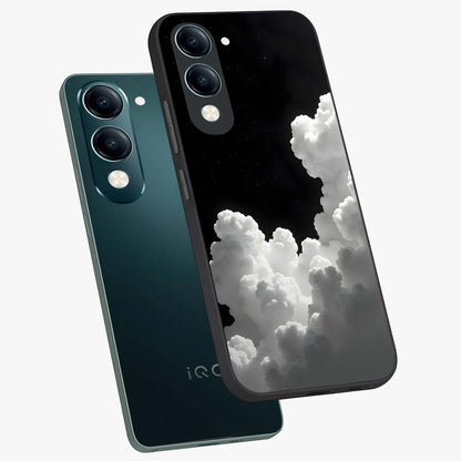 Black Background With White Cloud Glass Case displayed in angled mockup highlighting soft white cloud illustration and minimal design.