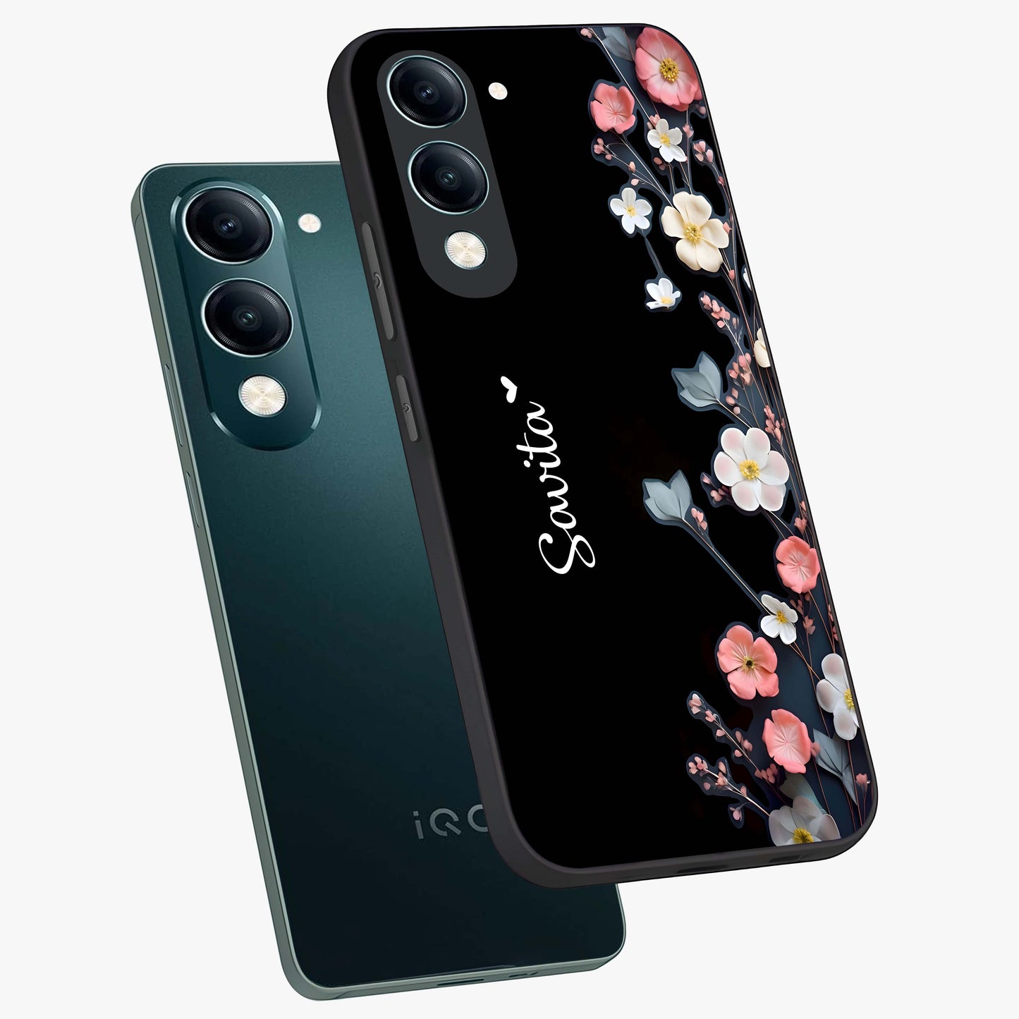 Black Elegance Floral Custom Name Glass Case displayed in angled mockup highlighting dark floral aesthetic and custom name feature.