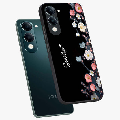 Black Elegance Floral Custom Name Glass Case displayed in angled mockup highlighting dark floral aesthetic and custom name feature.