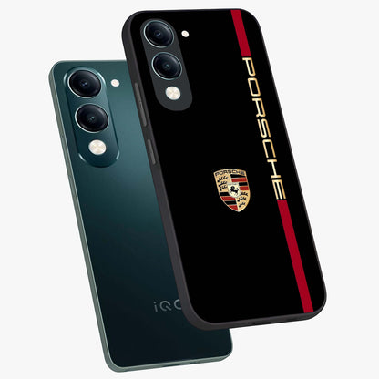 Black Minimal Porsche Glass Case displayed in angled mockup highlighting modern minimal car illustration and clean aesthetic design.