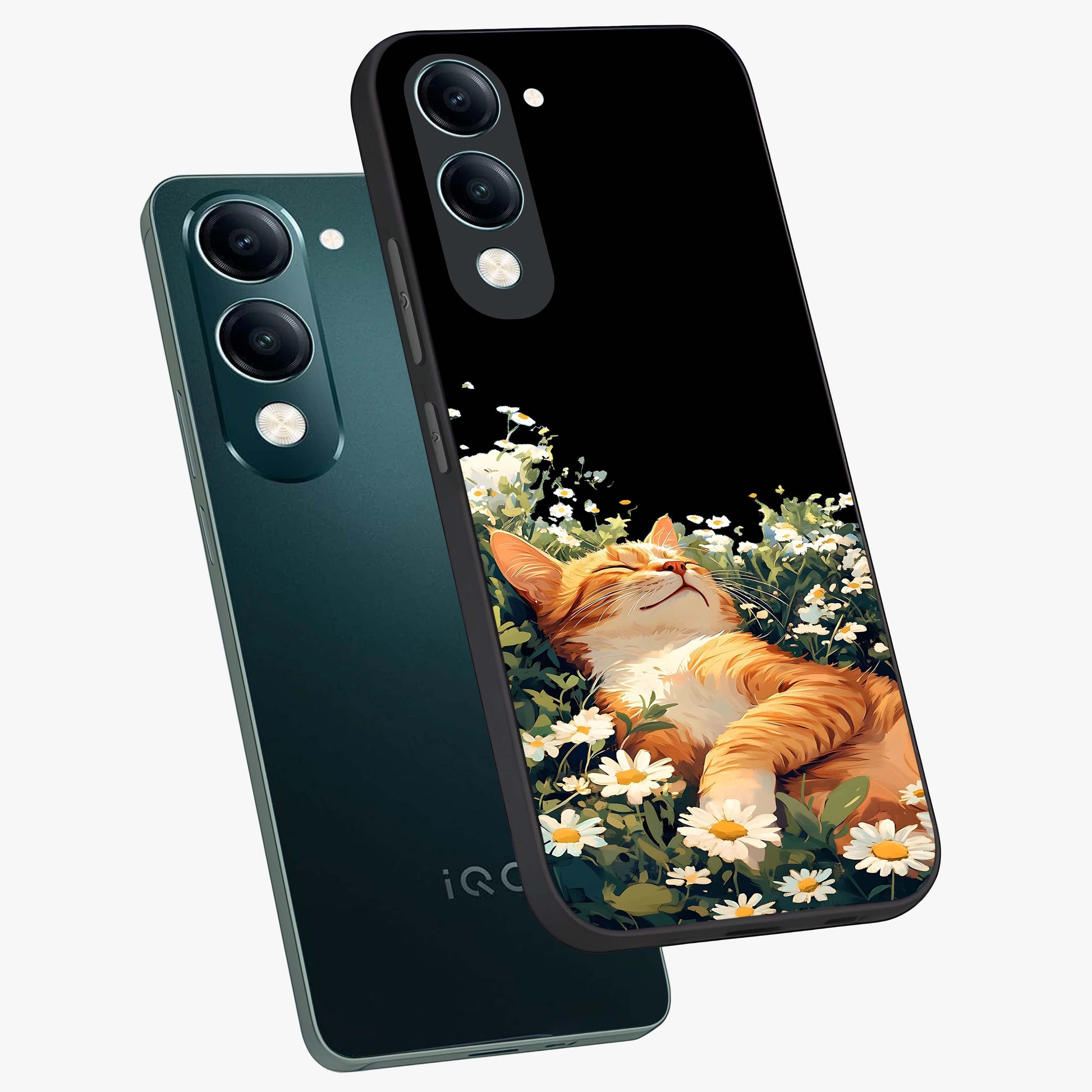 Blissful Bloom Cat Glass Case displayed in angled mockup highlighting playful feline illustration with soft floral aesthetic.