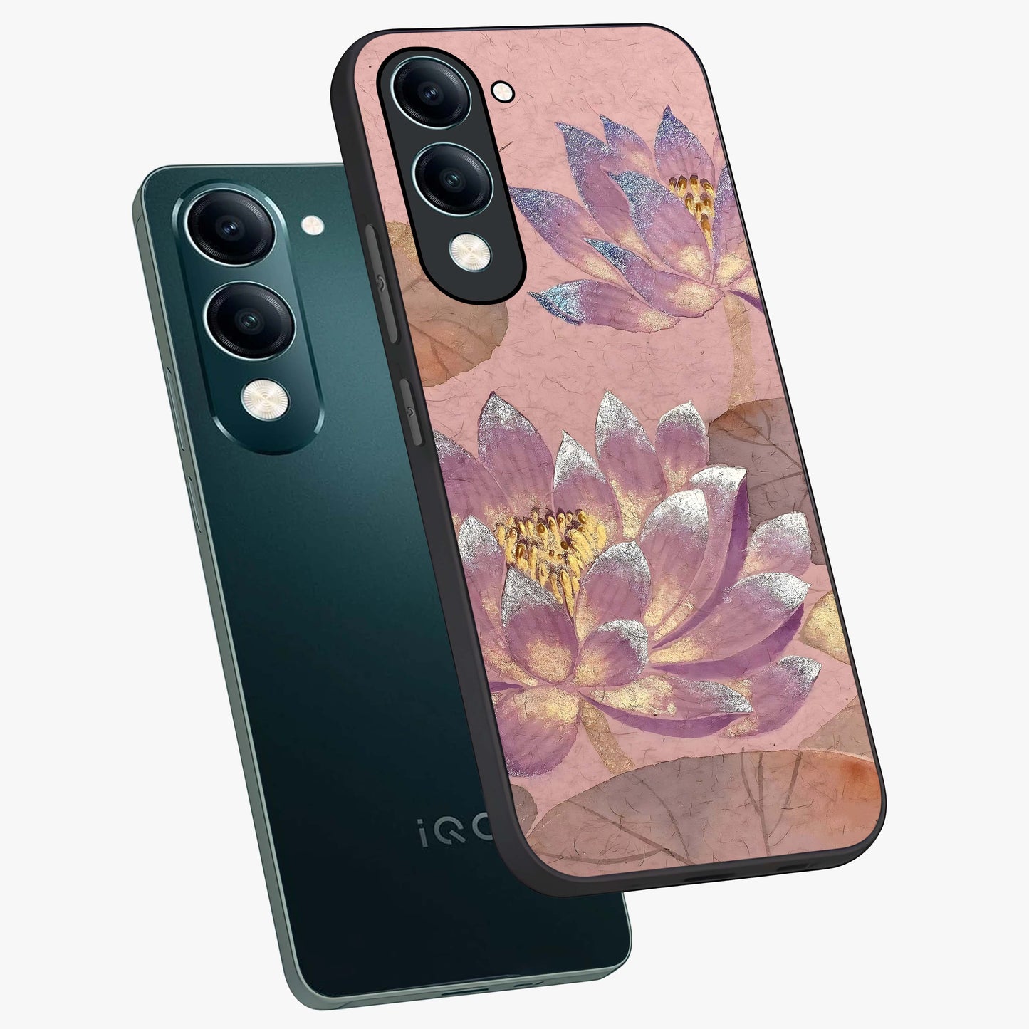 Blossom Mist Lotus Glass Case displayed in angled mockup highlighting delicate lotus illustration with calm aesthetic theme.