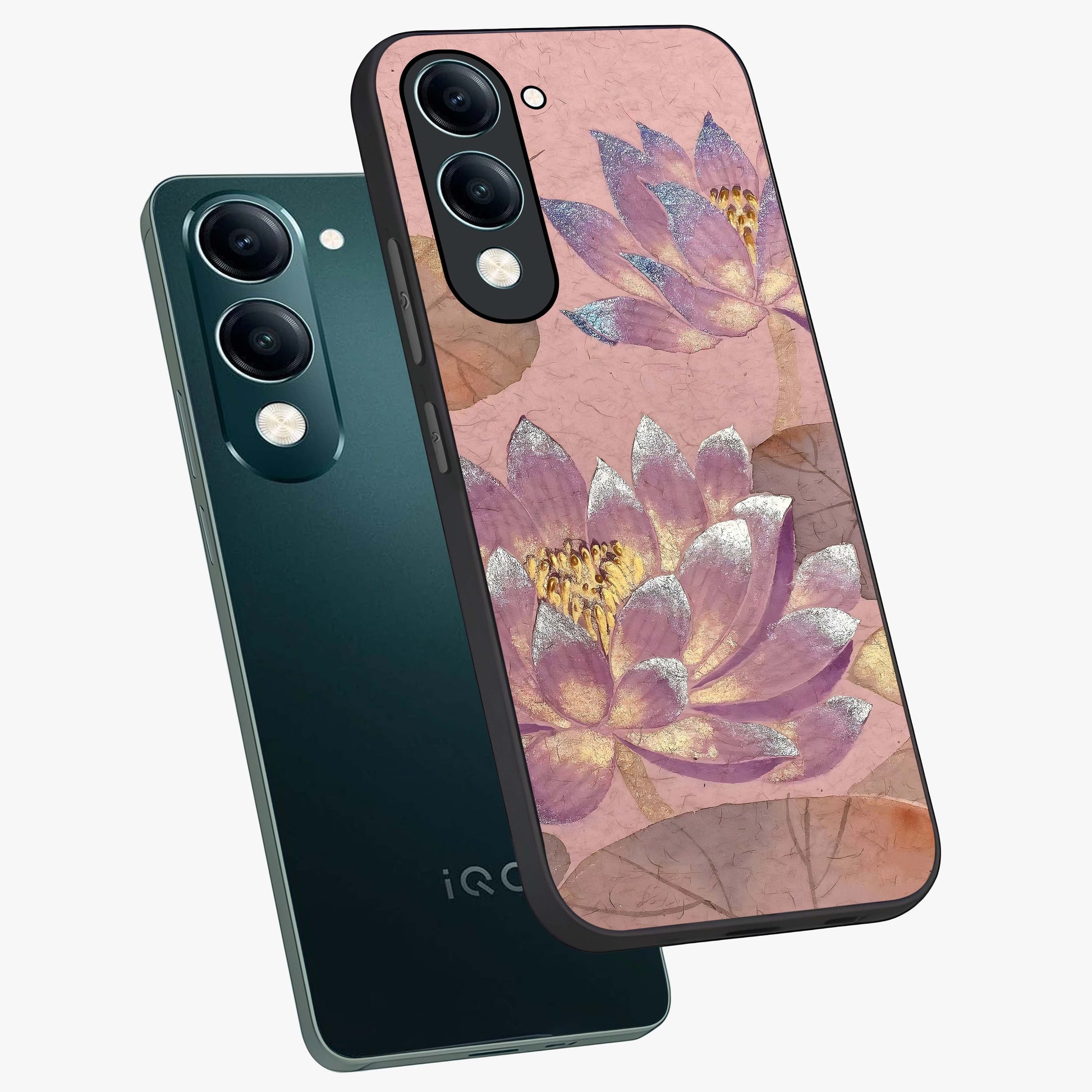 Blossom Mist Lotus Glass Case displayed in angled mockup highlighting delicate lotus illustration with calm aesthetic theme.