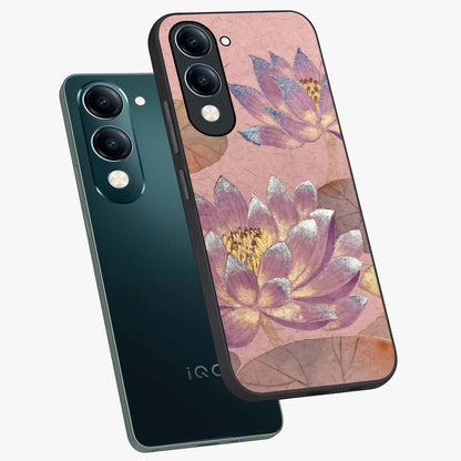 Blossom Mist Lotus Glass Case displayed in angled mockup highlighting delicate lotus illustration with calm aesthetic theme.