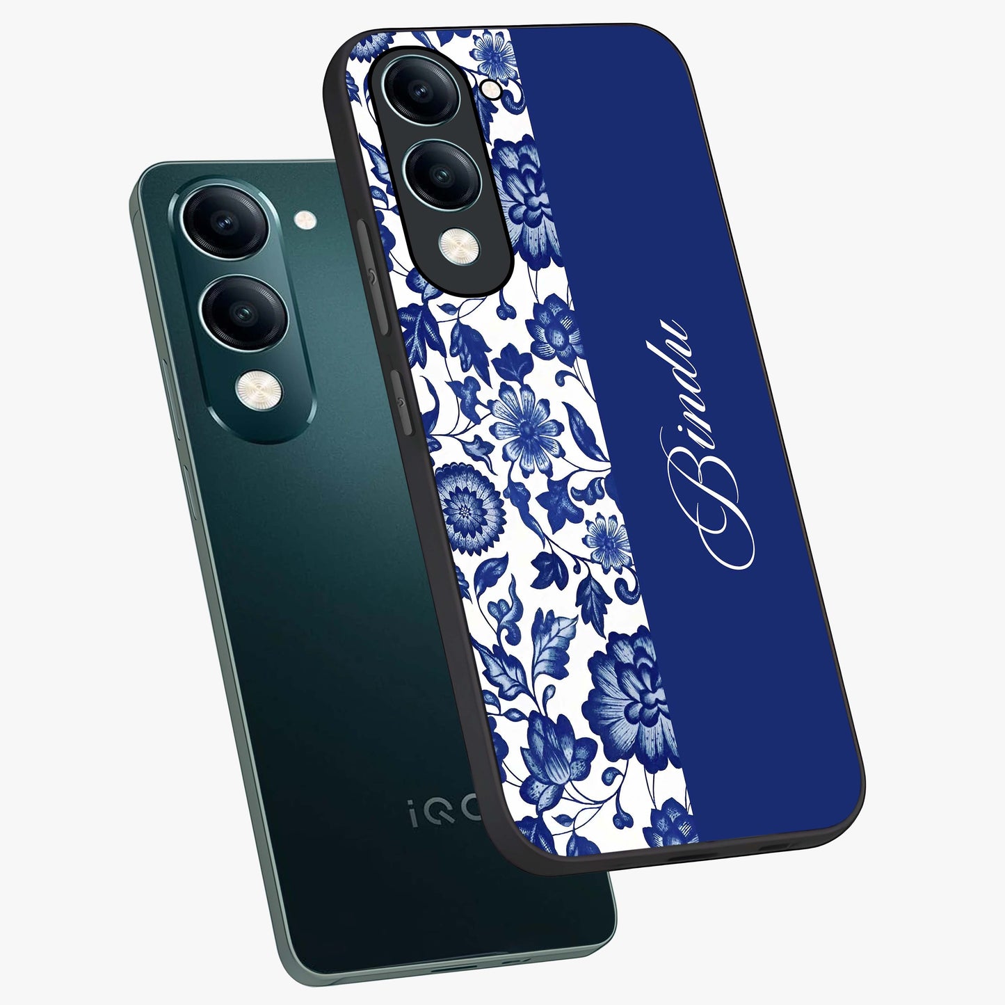 Blue Vintage Floral Pattern Glass Case displayed in angled mockup highlighting subtle bloom pattern with aesthetic pastel design.