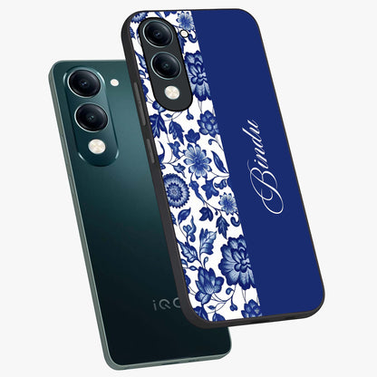 Blue Vintage Floral Pattern Glass Case displayed in angled mockup highlighting subtle bloom pattern with aesthetic pastel design.