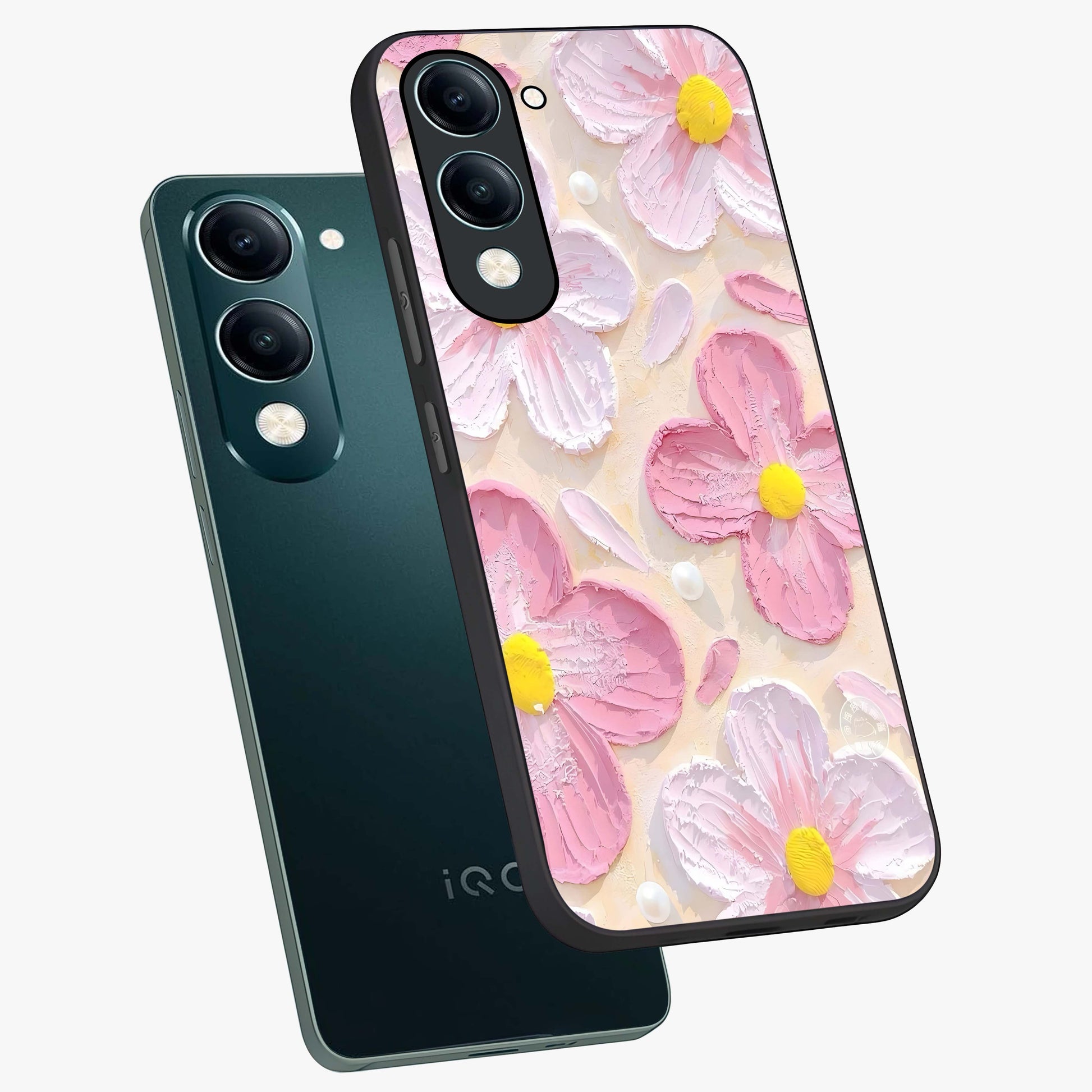 Blush Bloom Texture Glass Case displayed in angled mockup highlighting subtle bloom pattern with aesthetic pastel design.