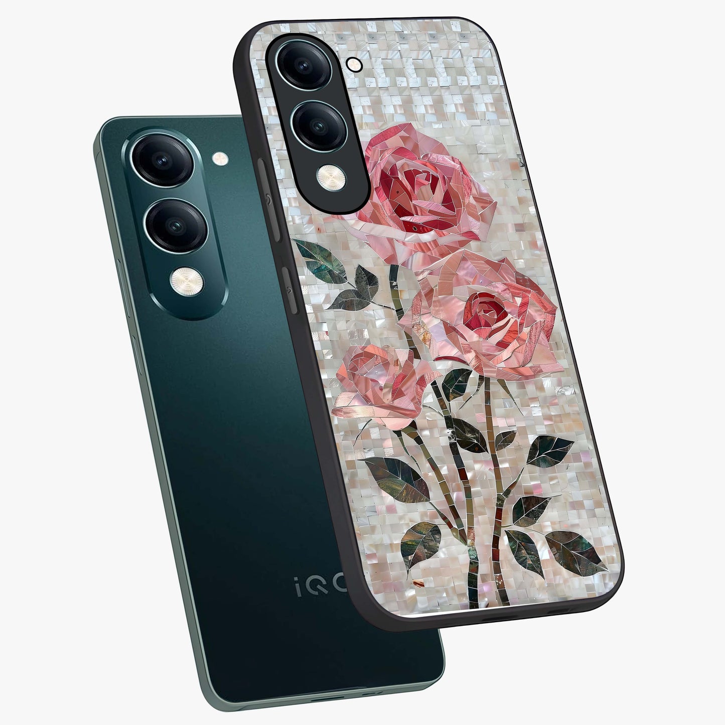 Blush Mosaic Bloom Glass Case displayed in angled mockup highlighting artistic mosaic flower pattern with aesthetic design.