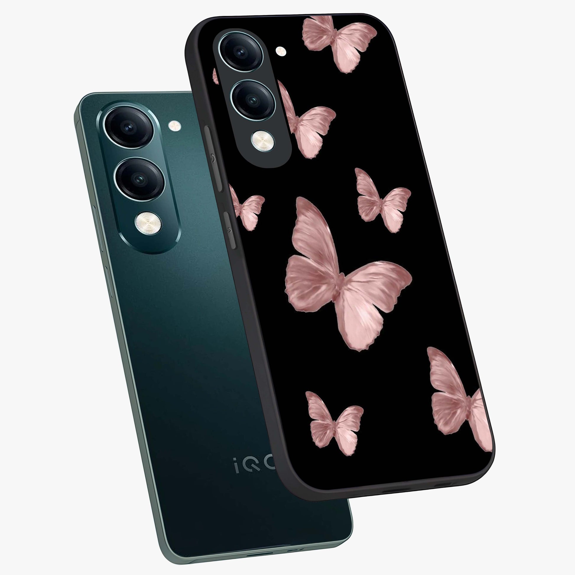 Butterfly Pattern Glass Case displayed in angled mockup highlighting delicate butterfly design and aesthetic pattern style.