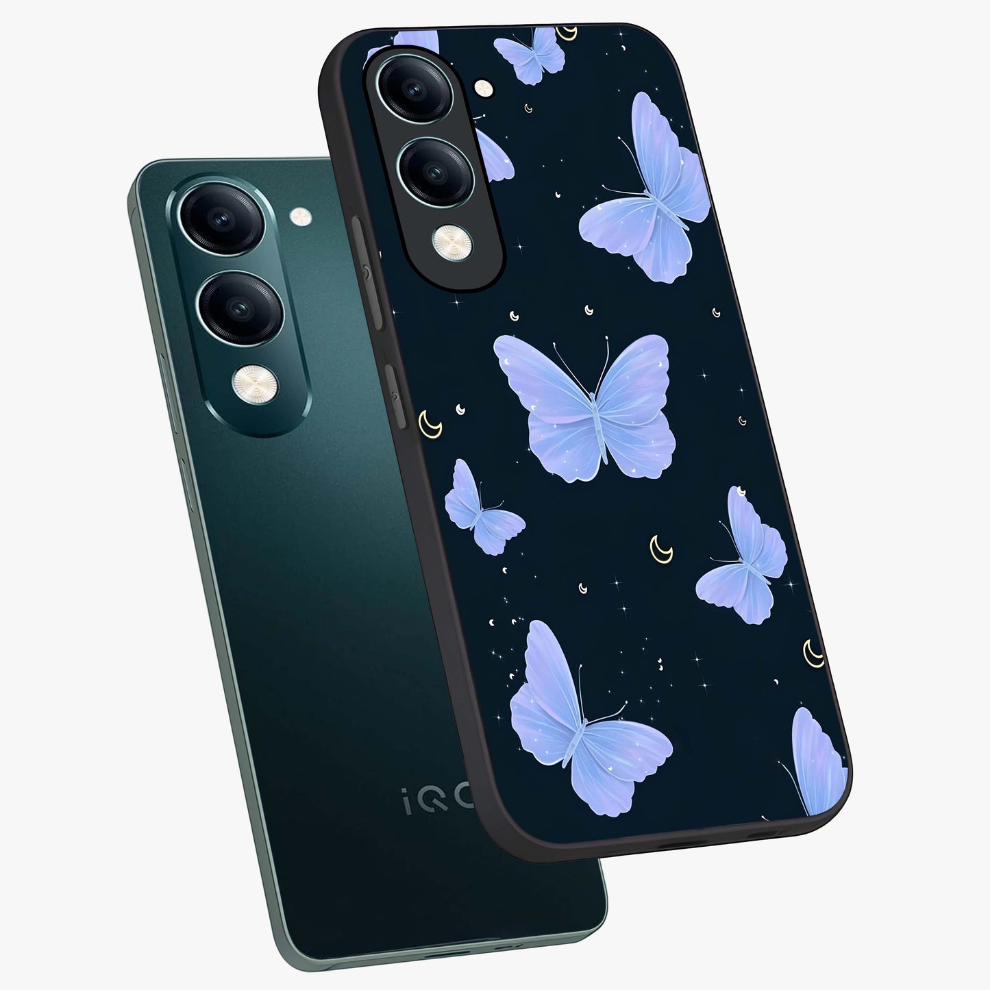 Butterfly With Stars Pattern Glass Case displayed in angled mockup highlighting dreamy butterfly and star design with aesthetic theme.