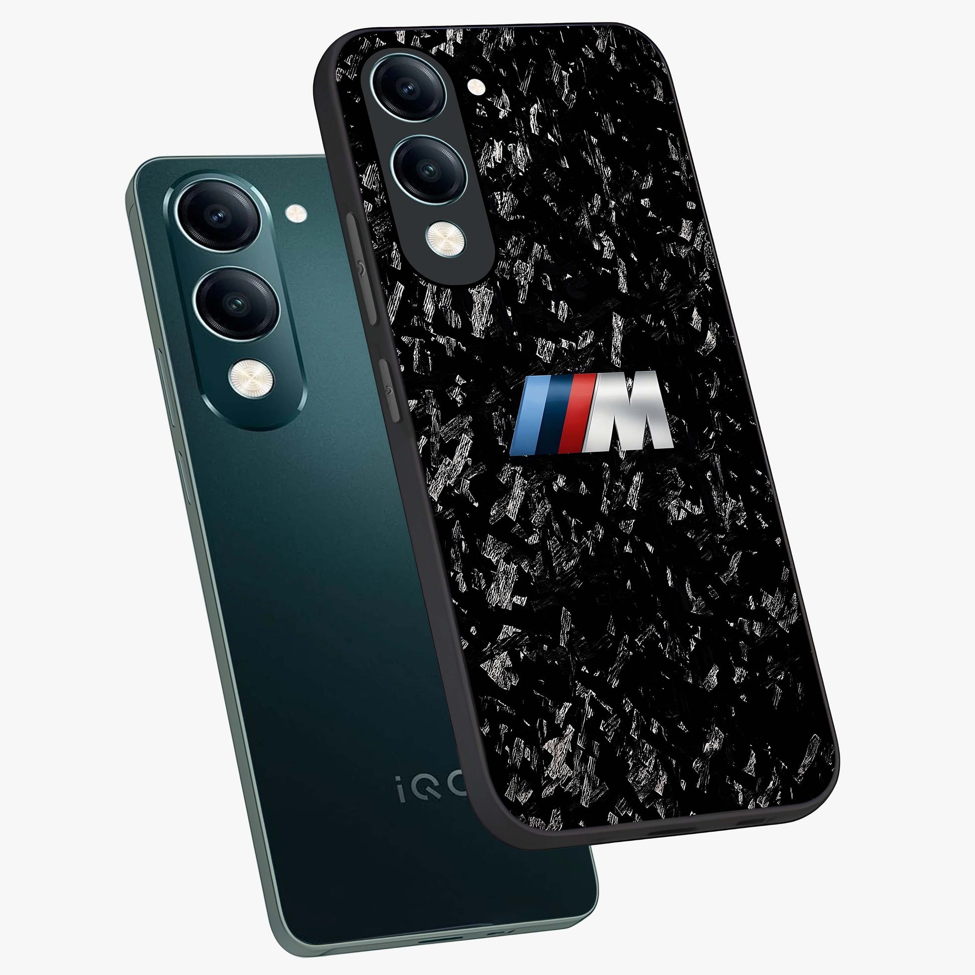 Carbon Speed Mark Glass Case displayed in angled mockup highlighting racing inspired carbon design and sleek aesthetic style.