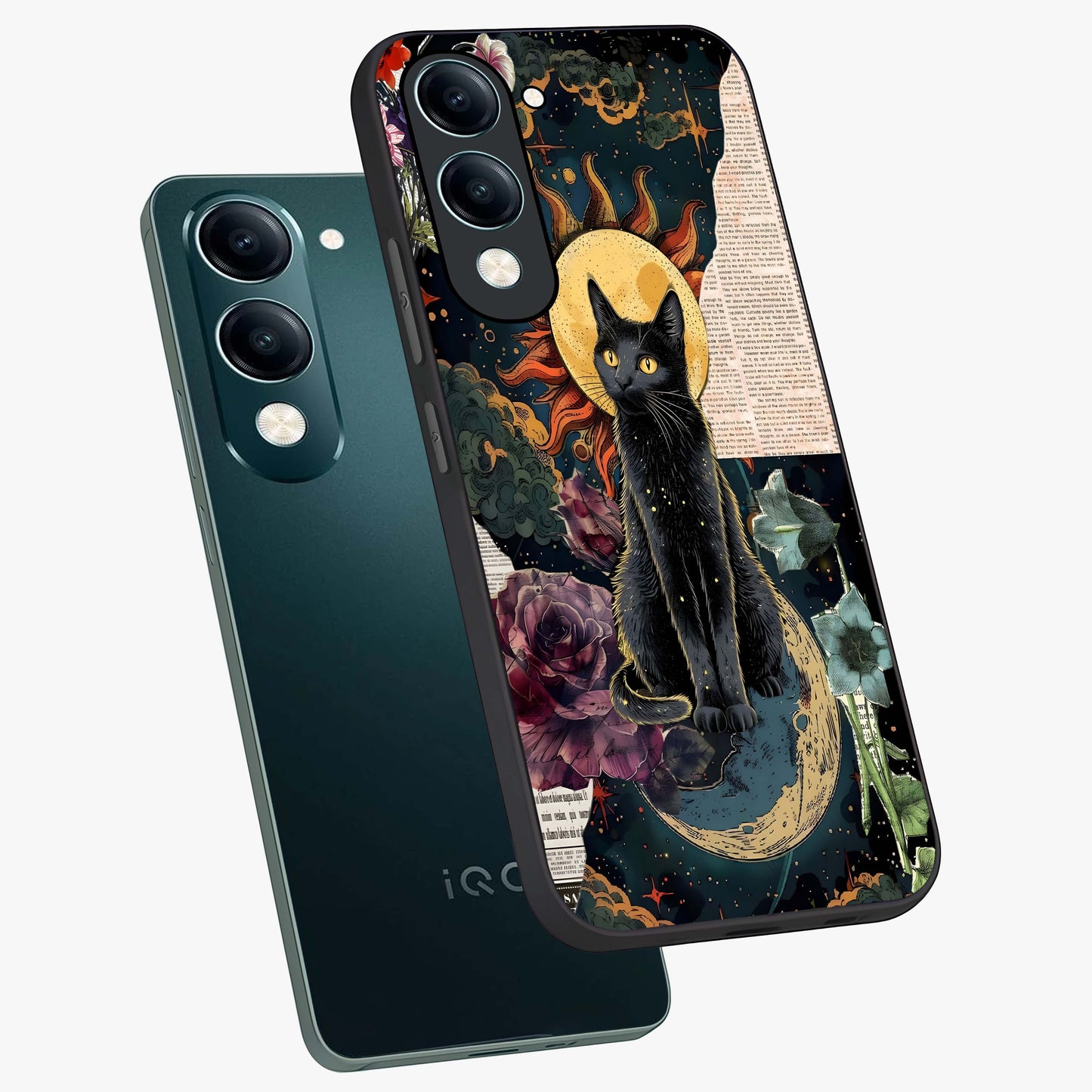 Celestial Black Cat Glass Case displayed in angled mockup highlighting cosmic black cat design with celestial aesthetic.