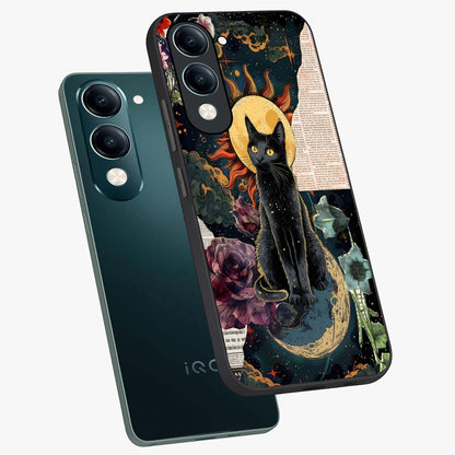 Celestial Black Cat Glass Case displayed in angled mockup highlighting cosmic black cat design with celestial aesthetic.