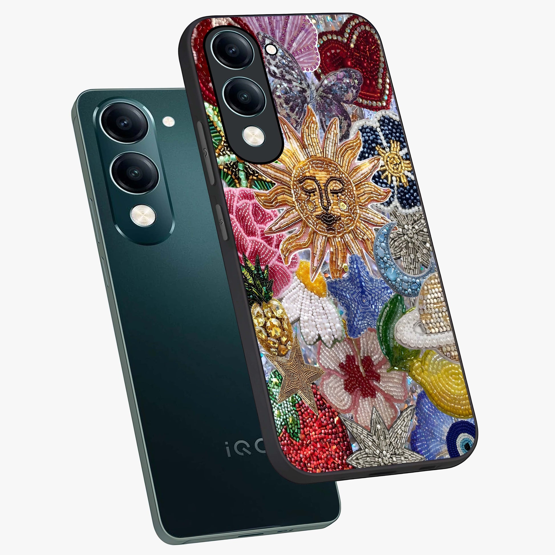 Celestial Floral and Playful Glass Case displayed in angled mockup highlighting playful floral design with dreamy celestial elements.