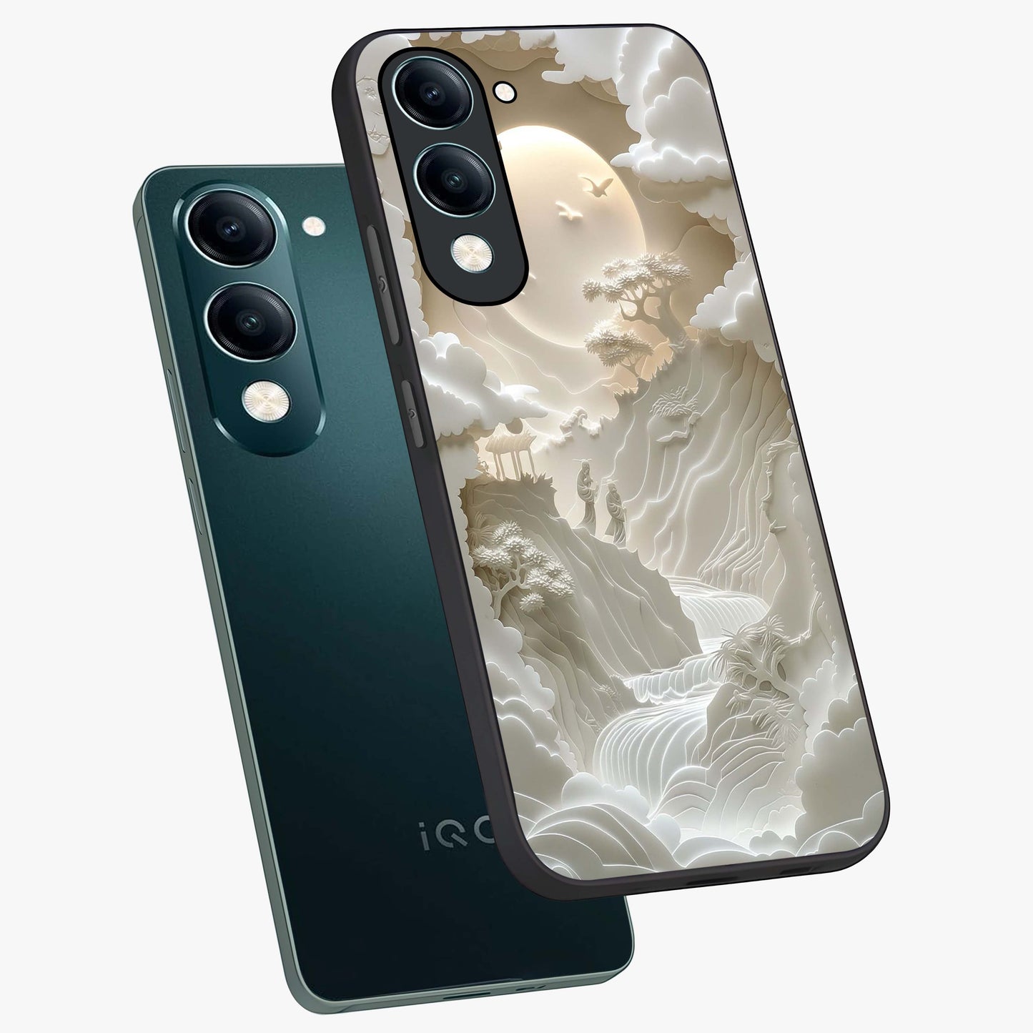 Celestial Origami Glass Case displayed in angled mockup highlighting geometric origami design with cosmic aesthetic theme.