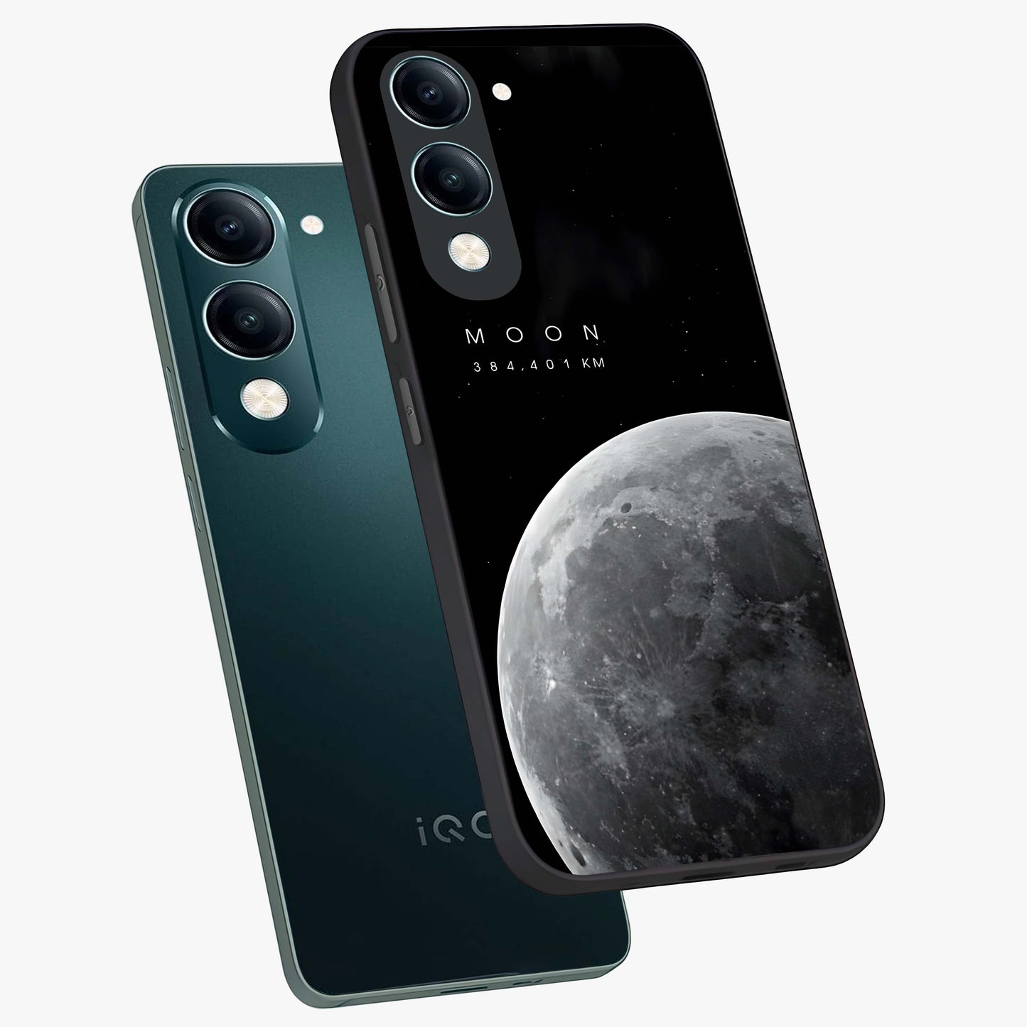 Cosmic Moon Glow Glass Case displayed in angled mockup highlighting celestial moon design with cosmic aesthetic theme.